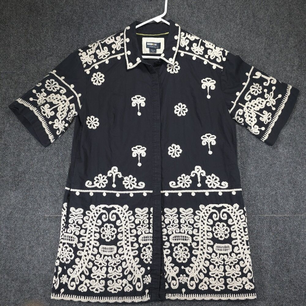 Maeve Anthropologie Womens Medium Black Embroidered Button Front Shirt Dress Top